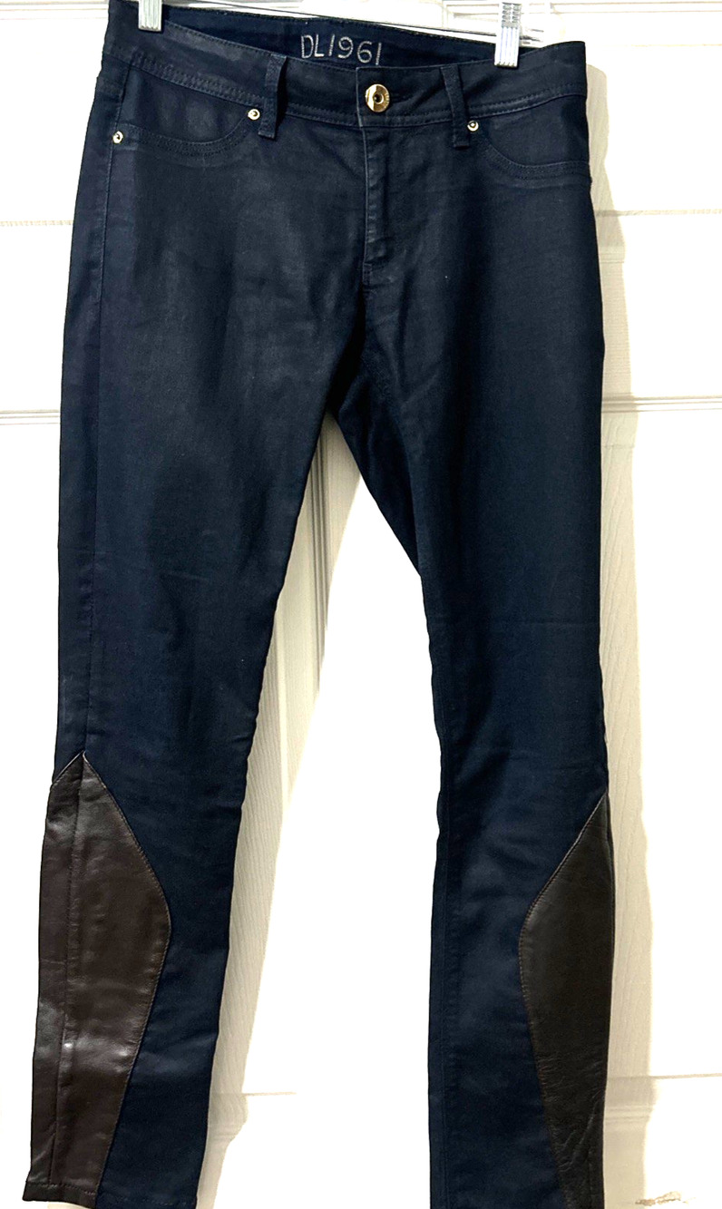 Hertiage coated jean blue Brown faux Leather leg 27 Equestrian horse moto Fall